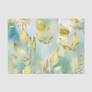 Papel De Seda Folhas Douradas de Aquarela no Fundo Azul Suave