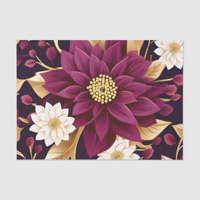 Papel De Seda Folhas Douradas E Florais De Borgonha Negra (Frente )