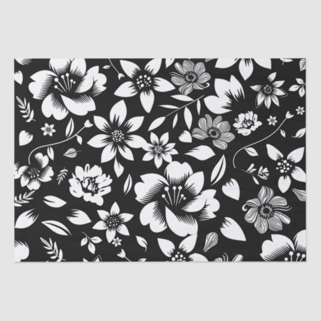 Papel De Seda Folhas Florais Modernas em Preto e Branco (Frente )