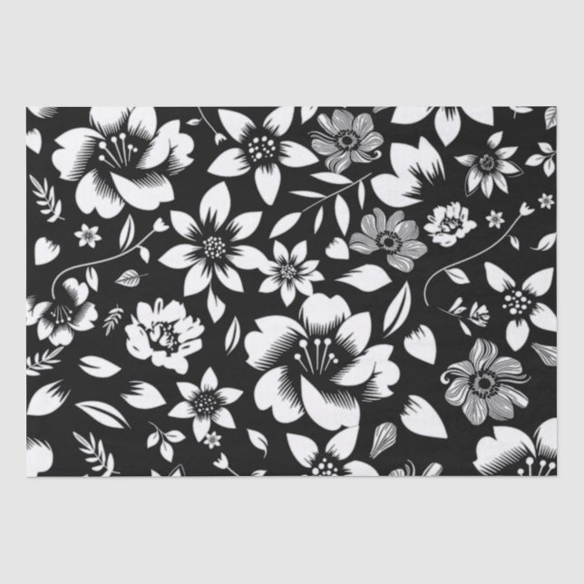 Papel De Seda Folhas Florais Modernas Preto Branco Soprando (Frente )