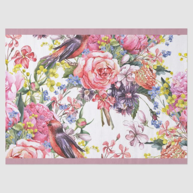 Papel De Seda Folhas Rosa Suaves e Flores Design (Frente )