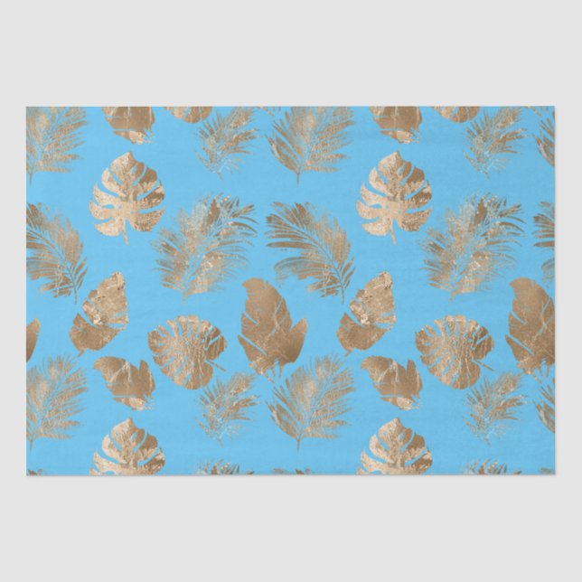 Papel De Seda Folhas tropicais Douradas Azul (Frente )