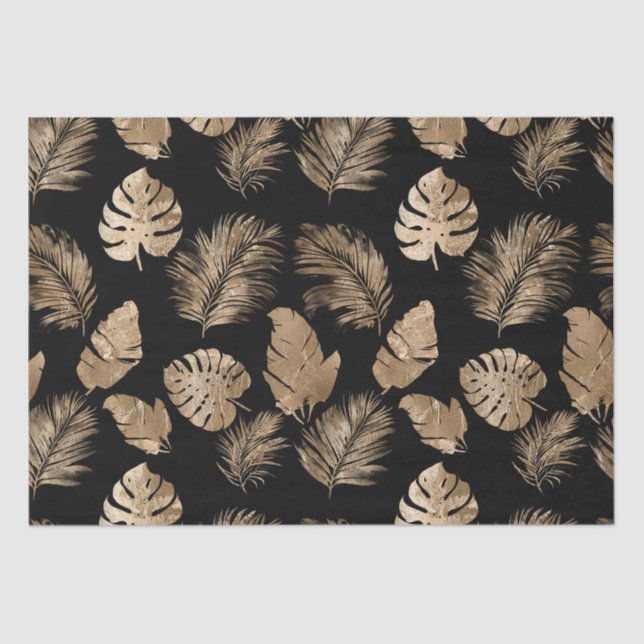 Papel De Seda Folhas tropicais Douradas chic Black (Frente )