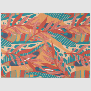 Papel De Seda Folhas tropicais em Teal, Vermelho, Laranja