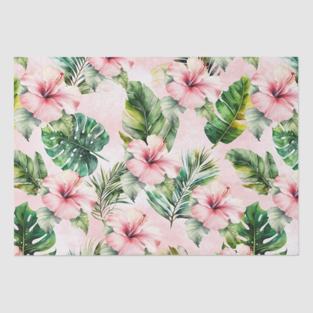 Papel De Seda Folhas Tropicais Rosa Hibiscus Floral (Frente )