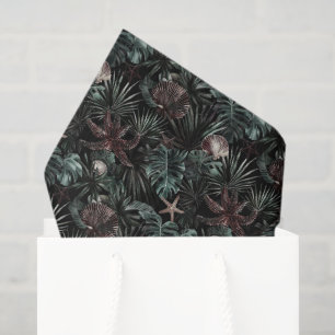 Papel De Seda Folhas Tropicais Verdes Estrelas-do-Mar Conchas An