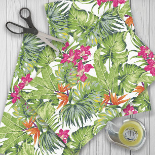 Papel De Seda Folhas Tropicais Verdes Flores Rosa Laranja