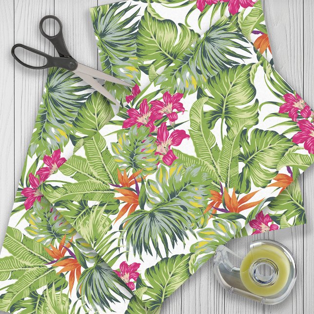 Papel De Seda Folhas Tropicais Verdes Flores Rosa Laranja (Tropical leaves with pink and orange flowers gift wrapping tissue paper)