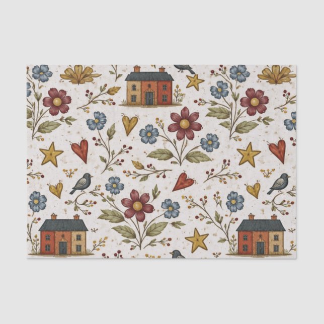 Papel De Seda Folk Cottage Hearts Garden Pattern (Frente )