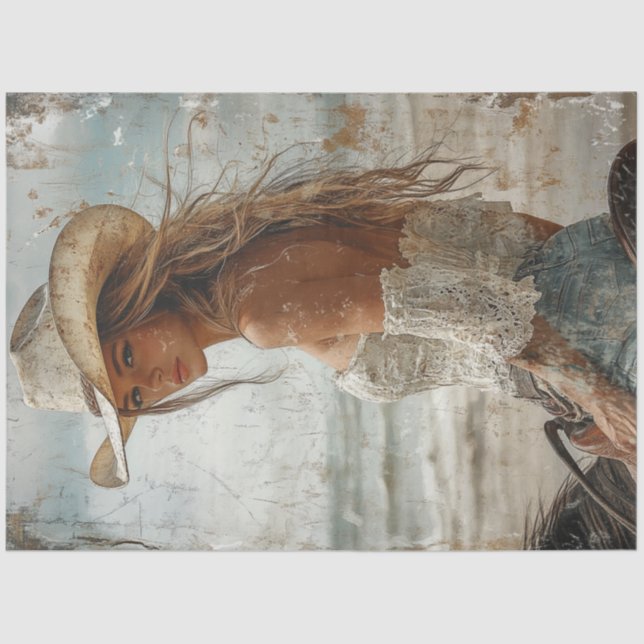 Papel De Seda Foto Vestida de Cowgirl Loira no Cavalo (Frente )