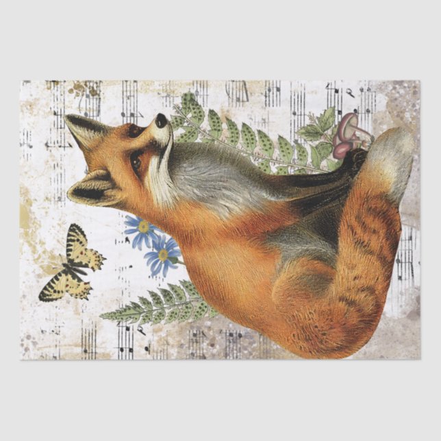 Papel De Seda Fox Fern Butterfly Música Dourada Decoupage Ideia (Frente )