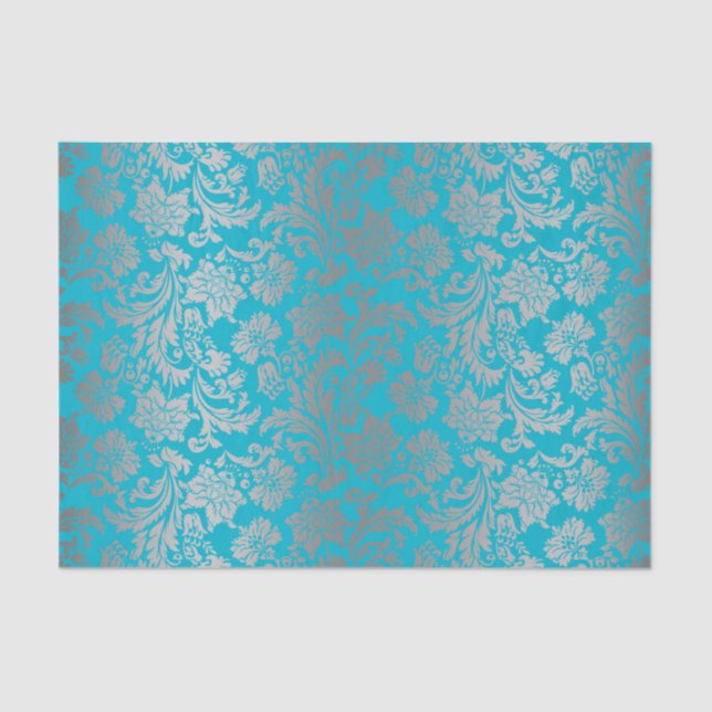 Papel De Seda Fraux Silver Floral Damascos Azuis Fundo (Frente )