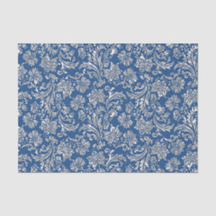 Papel De Seda Fraux Silver Floral Damascos Azuis Fundo