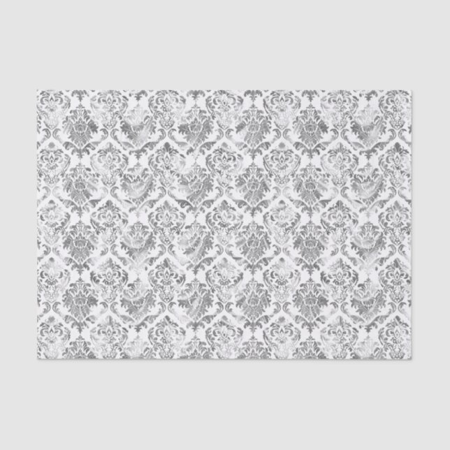 Papel De Seda Fraux Silver Floral Damask White Background 2 (Frente )