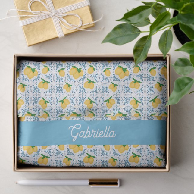 Papel De Seda French Country Lemon Blue Tile Monogram (Presente)