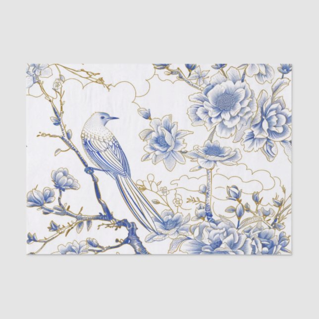 Papel De Seda French-Toile Chinoiserie Bird in Blue and Gold (Frente )