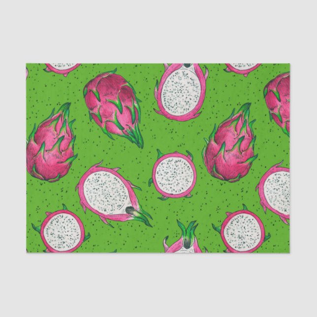 Papel De Seda Fruta de dragão vermelho em verde (Frente )