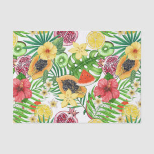 Papel De Seda Frutas tropicais, flores e folhas em branco