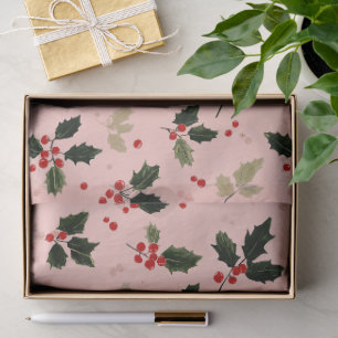 Papel De Seda Frutas vermelhas e azevinho em rosa