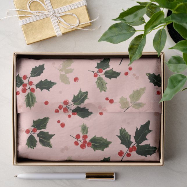 Papel De Seda Frutas vermelhas e azevinho em rosa (Presente)