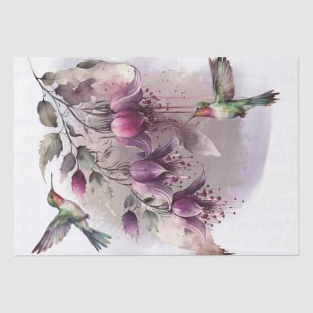 Papel De Seda Fuchsia Flower Hummingbird Watercolor (Frente )
