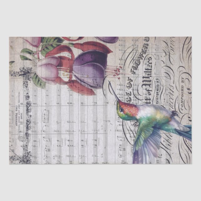 Papel De Seda Fuchsia Flower Hummingbird Watercolor (Frente )