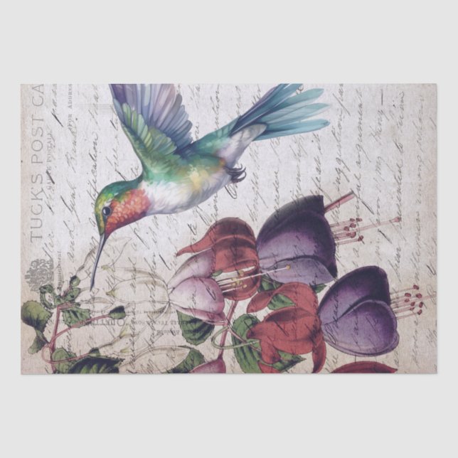 Papel De Seda Fuchsia Flower Hummingbird Watercolor (Frente )