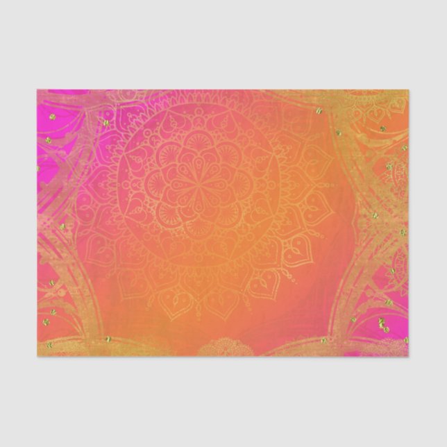 Papel De Seda Fúcsia Laranja Rosa e Dourado Glam Mandala Indiano (Frente )