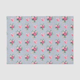 Papel De Seda Fundo azul, flores cor-de-rosa e corações