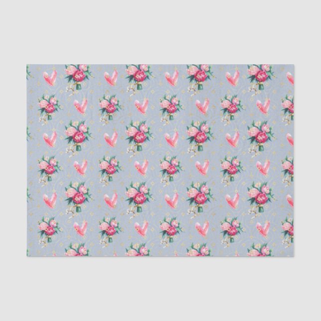 Papel De Seda Fundo azul, flores cor-de-rosa e corações (Frente )