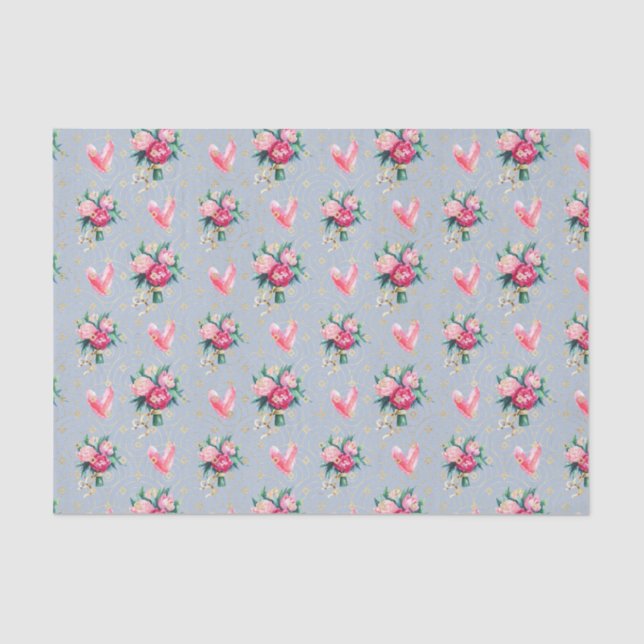 Papel De Seda Fundo azul, Flores e Corações Rosa (Frente )