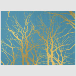 Papel De Seda Fundo Azul Padrão de Ramificações de Árvore Dourad