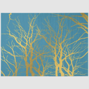 Papel De Seda Fundo Azul Padrão de Ramificações de Árvore Dourad