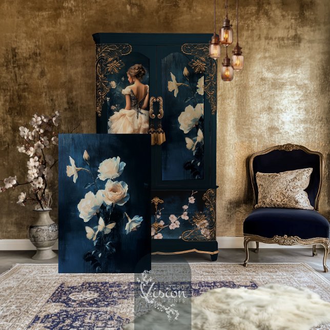 Papel De Seda Fundo do Marinho Rosa Branco e Daffodil do Buquê (Painted White Daffodil and Rose Romantic Floral Bouquet, Weathered Navy Background Tissue Paper)