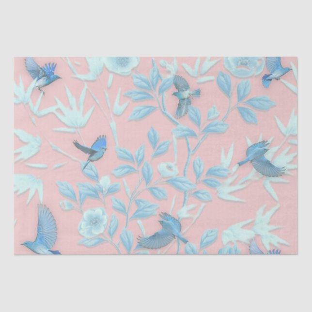 Papel De Seda Fundo rosa com aves e flores (Frente )
