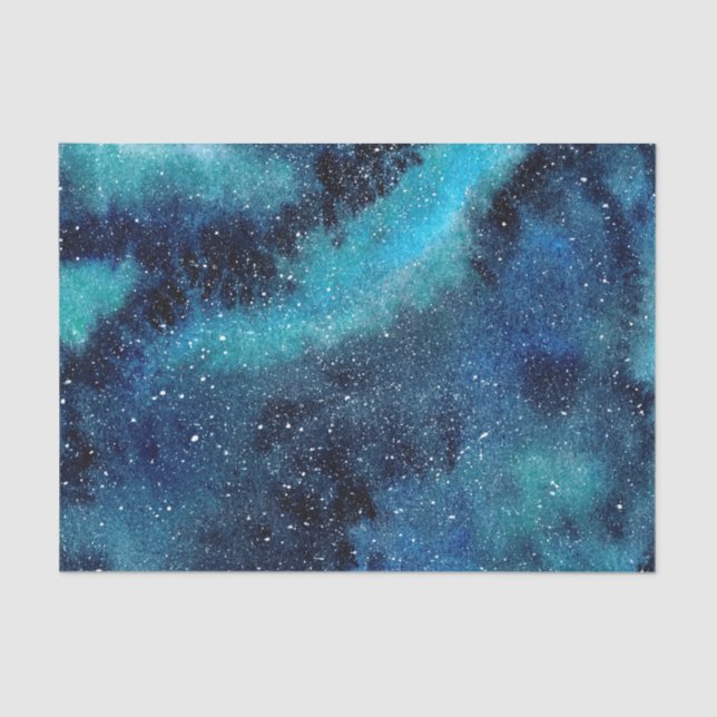 Papel De Seda Galáxia azul-aquarela e turquesa com estrelas (Frente )