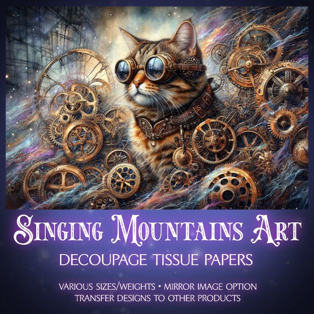 Papel De Seda Galáxia Steampunk de Gato Whimsso Quest Decoupage (Criador carregado)