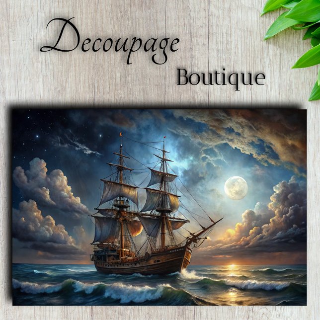 Papel De Seda Galeão ao Luar Imponente Navio à Vela Decoupage (Moonlit Galleon Majestic Sailing Ship Decoupage Tissue Paper)