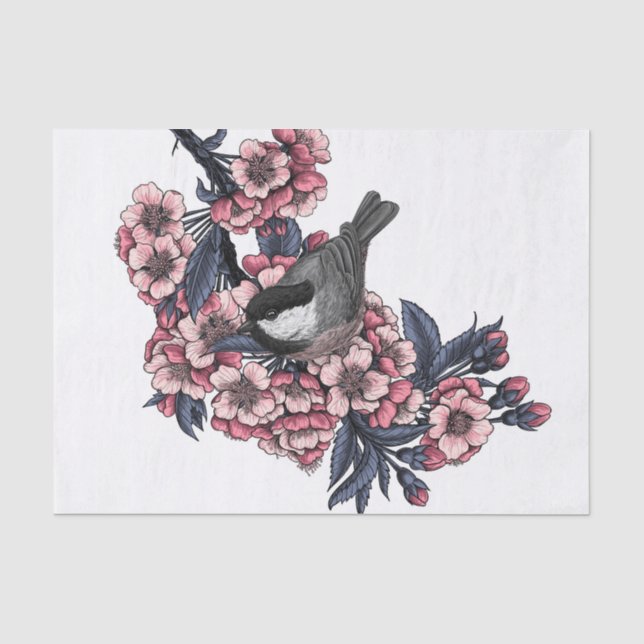 Papel De Seda Galinha em um galho florescente de cereja (Frente )