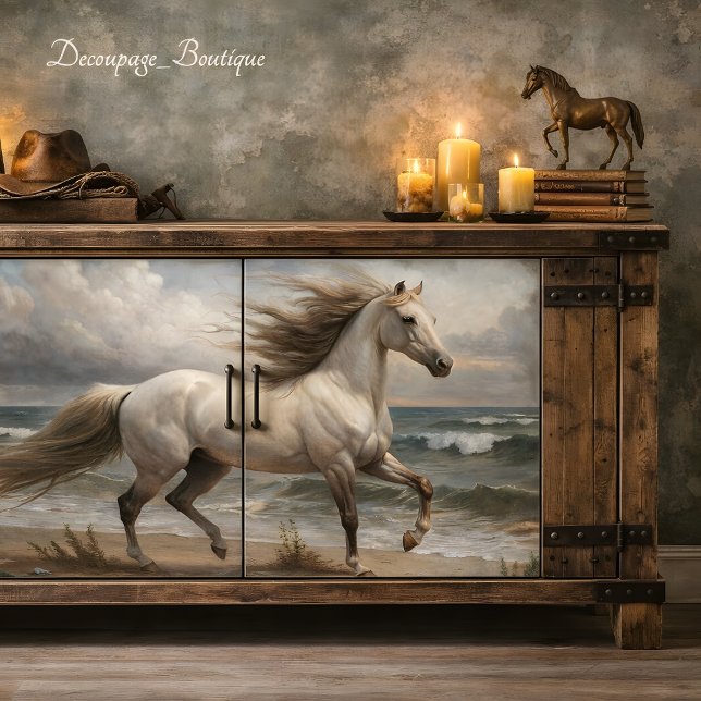 Papel De Seda Garanhão Branco à Beira-Mar Decoupage (White Stallion By The Sea Decoupage Tissue Paper Mockup)