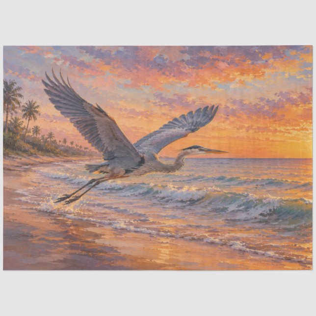 Papel De Seda Garça Voando Sobre Decoupage do Oceano (Frente )