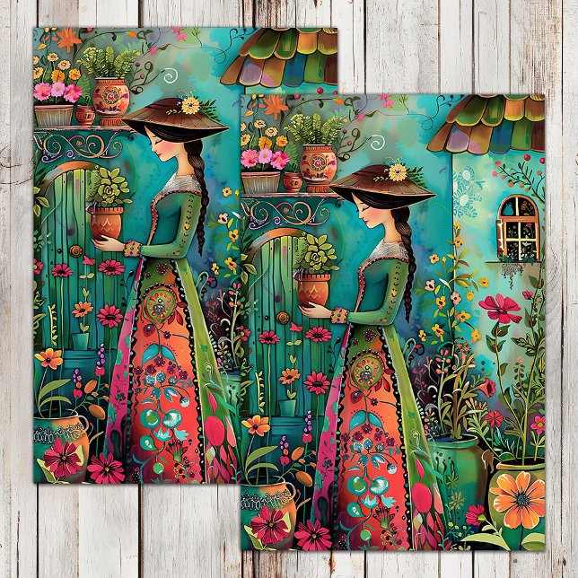 PAPEL DE SEDA GAROTA COLORIDA COM FLORES DECOUPAGEM (COLORFUL GARDEN GIRL WITH FLOWERS DECOUPAGE TISSUE PAPER)