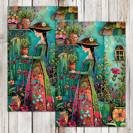 PAPEL DE SEDA GAROTA COLORIDA DO JARDIM COM FLORES DECOUPAGEM