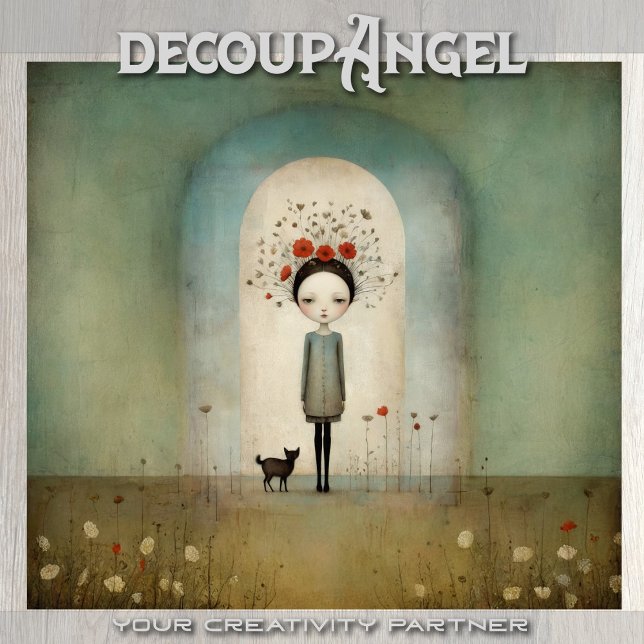 Papel De Seda Garota com gato preto e papoilas vermelhas - disso (Criador carregado)