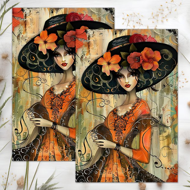 PAPEL DE SEDA GAROTA DA MODA DE CHAPÉU GRANDE DECOUPAGE (BIG HAT FASHION GIRL DECOUPAGE TISSUE PAPER)