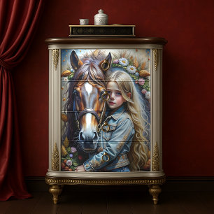 Papel De Seda Garota Loira e Cavalo Marrom Decoupage Floral em J