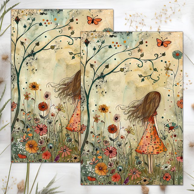 PAPEL DE SEDA GAROTA NO DECOUPAMENTO DO JARDIM (LITTLE GIRL IN THE GARDEN DECOUPAGE TISSUE PAPER)
