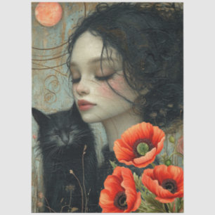 Papel De Seda Garota Vitoriana Gato Lua Vermelho Poppies Abstrat