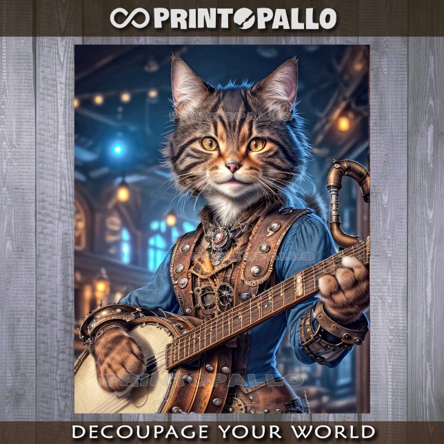 Papel De Seda Gata feminina steampunk tocando banjo -  (Criador carregado)
