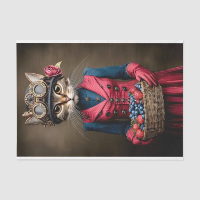 Papel De Seda Gata Tabby Steampunk & Cesta de Frutas DY6R Decoup (Frente )